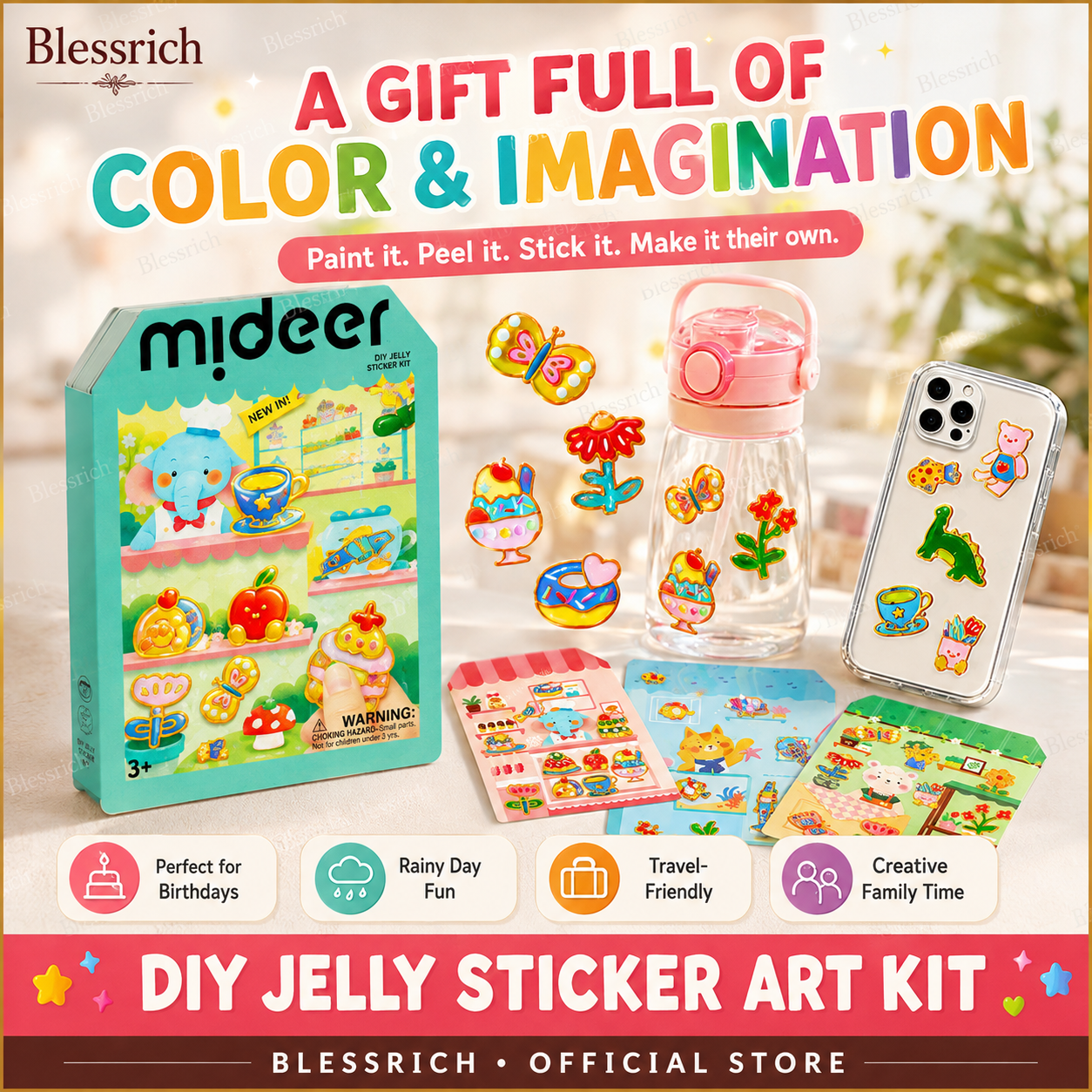 🌈 ¡Crea tus propios stickers de gelatina! 🎨 Kit de arte DIY para niños: pinta, despega y pega ✨ 4 divertidos temas + set completo de manualidades 🎁