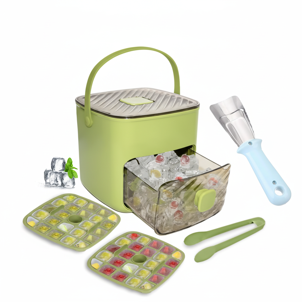 🔥Oferta de verano 50 % de descuento🧊 Fabricador de hielo portátil con tapa y caja de almacenamiento (48 cubos)