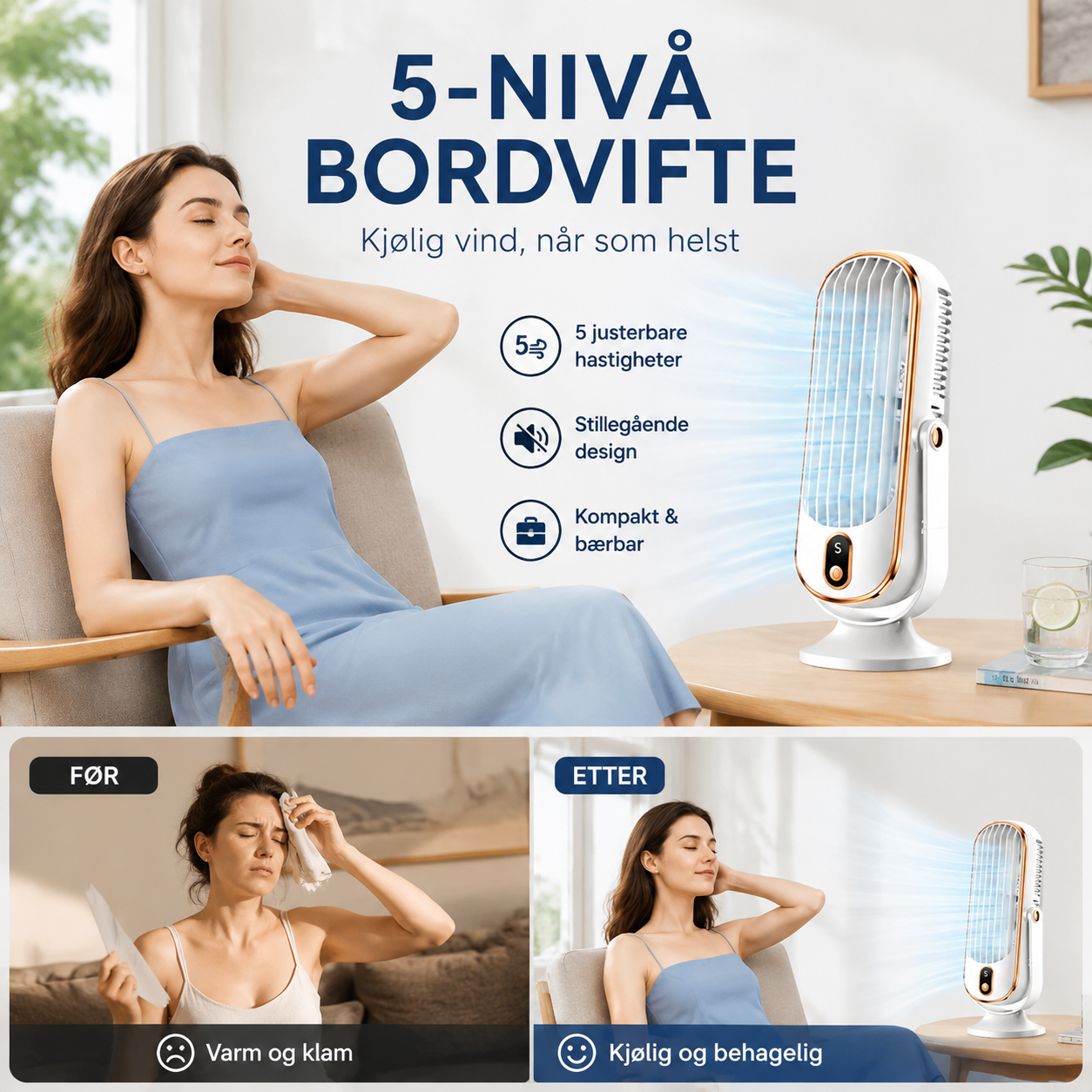 🔥 Ventilador de mesa portátil con 5 velocidades regulables