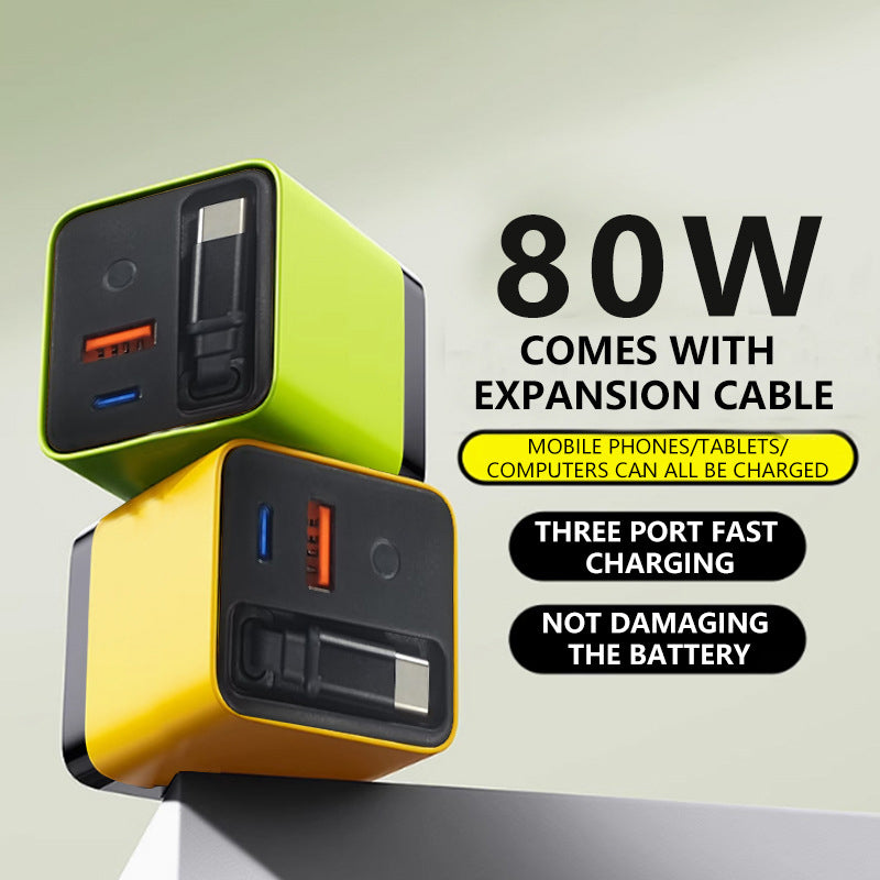 Cargador 3 en 1 GaN, módulo de carga rápida escalable 80W MAX con cable Type-C y 2 puertos USB