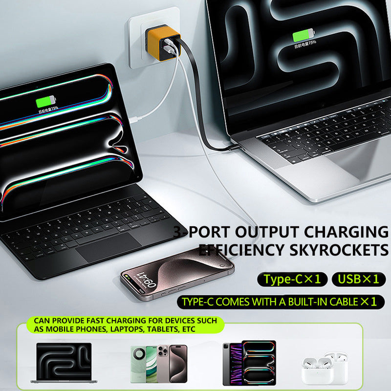 Cargador 3 en 1 GaN, módulo de carga rápida escalable 80W MAX con cable Type-C y 2 puertos USB