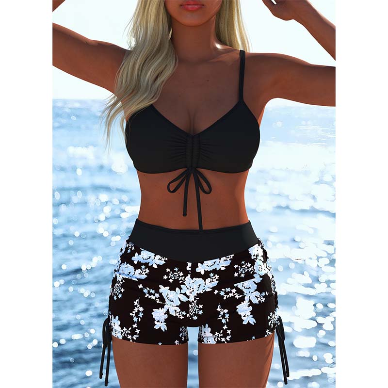 Conjunto de bikini con cordón ajustable y shorts tipo bóxer para mujer