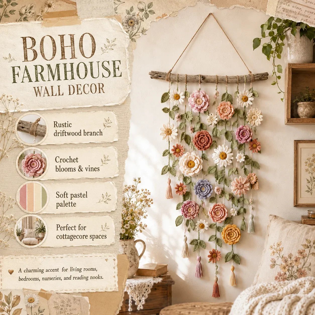🌸¡ÚLTIMO DÍA DE PRECIO ESPECIAL!!🌸Decoración colgante de pared con flores de ganchillo