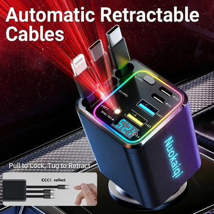⏳¡Oferta limitada 50% descuento!⏰Cargador de coche rápido retráctil 7 en 1 con pantalla de voltaje – USB-C para Android y Lightning para Apple🔋📱