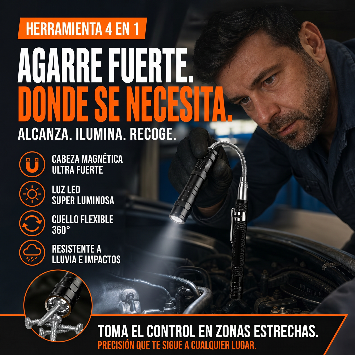 🔦 Linterna Magnética Telescópica Multifunción | 50% DESCUENTO 🔥 Cuello Flexible 360°, Aleación Resistente, Herramienta para Reparaciones y Regalo Ideal