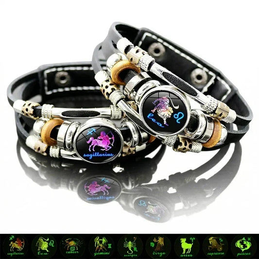 💥ÚLTIMO DÍA DE OFERTA – 50 % DE DESCUENTO ☪️Pulsera de piel con signo zodiacal luminosa en la oscuridad para hombre y muje
