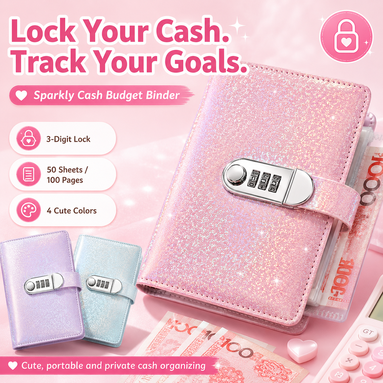 ✨ Carpeta de Ahorro SparkleLock con cerradura de combinación de 3 dígitos – Organizador de presupuesto para llenado de efectivo de 100 hojas, ideal para retos de ahorro, metas económicas y regalos 💖