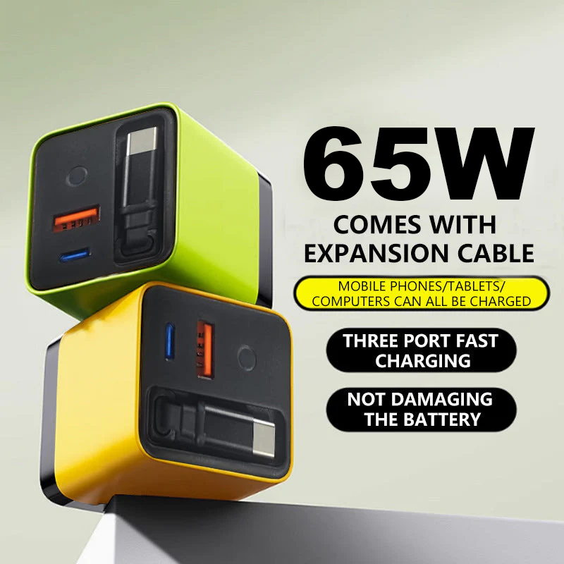 65W cargador de pared de carga rápida para móvil, con cable USB-C retráctil de 80 cm