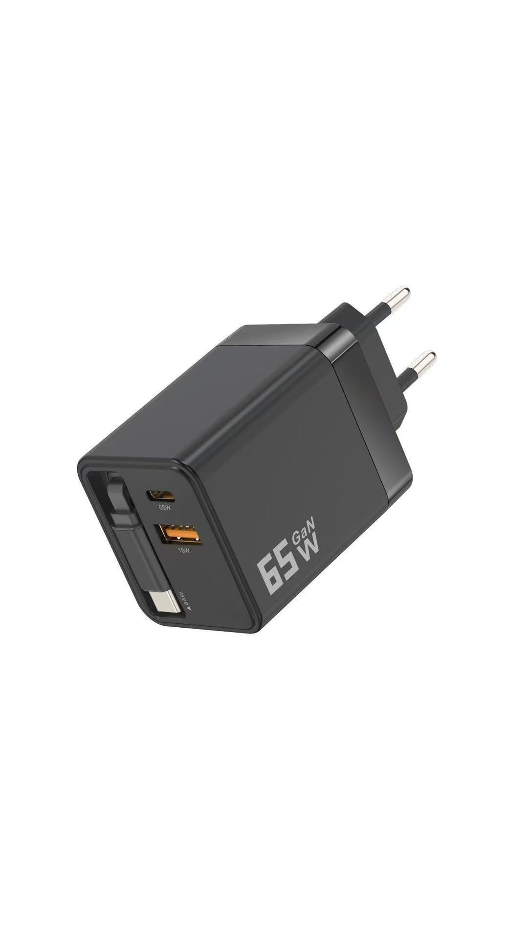65W cargador de pared de carga rápida para móvil, con cable USB-C retráctil de 80 cm
