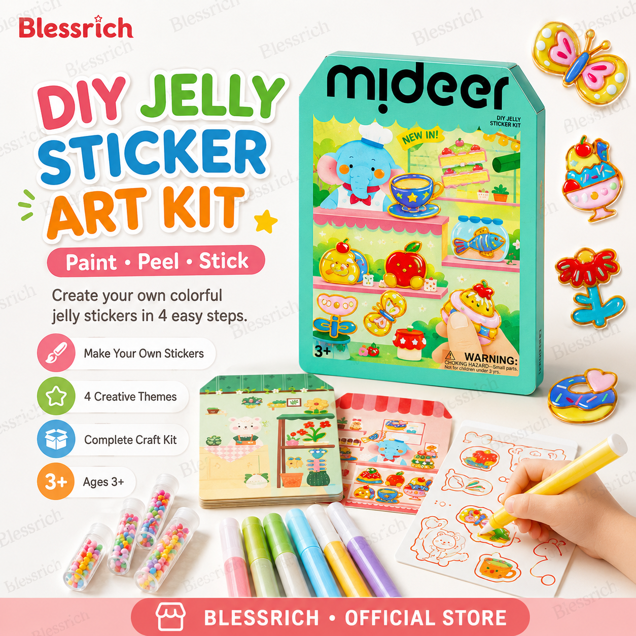 🌈 ¡Crea tus propios stickers de gelatina! 🎨 Kit de arte DIY para niños: pinta, despega y pega ✨ 4 divertidos temas + set completo de manualidades 🎁