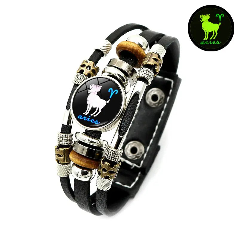 💥ÚLTIMO DÍA DE OFERTA – 50 % DE DESCUENTO ☪️Pulsera de piel con signo zodiacal luminosa en la oscuridad para hombre y muje