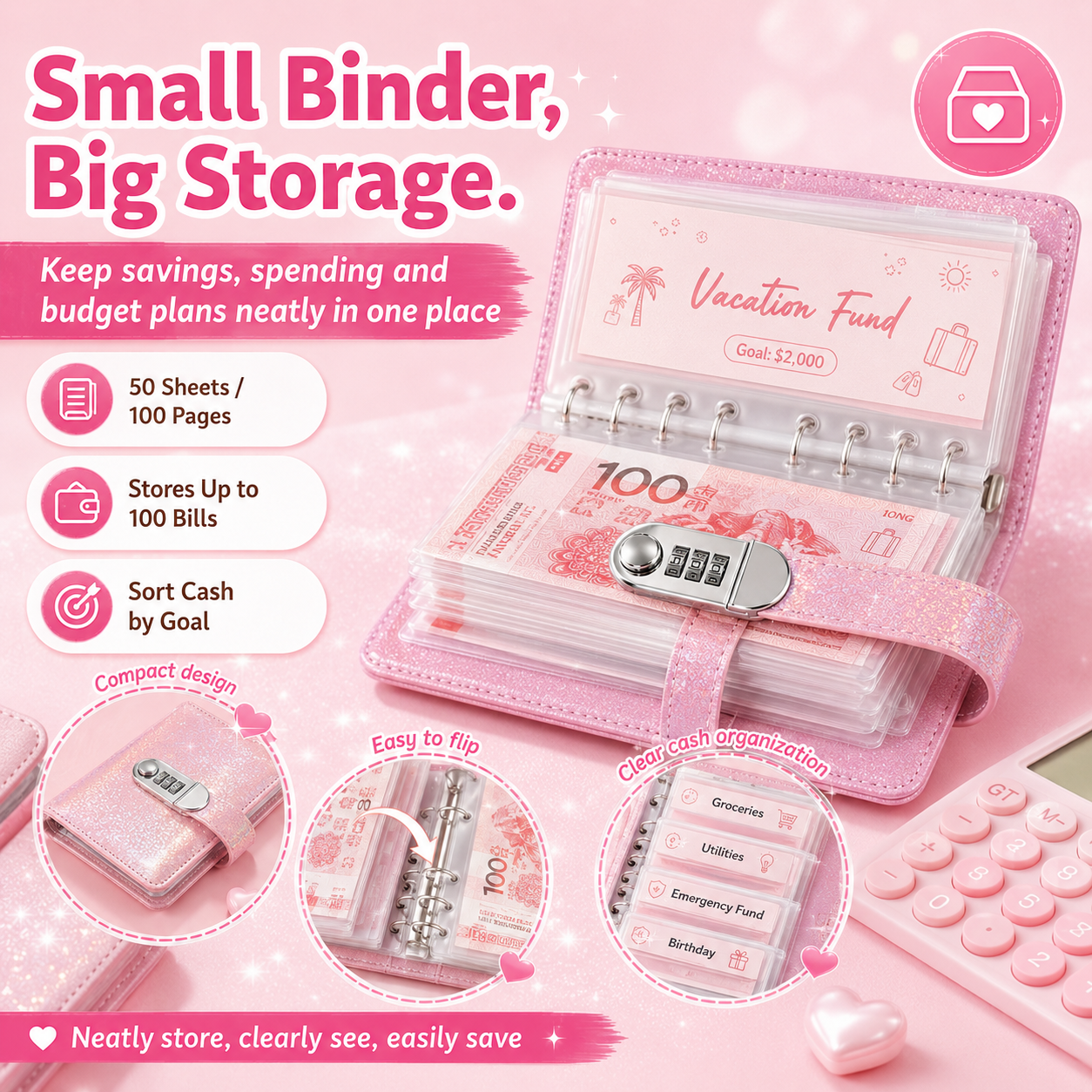 ✨ Carpeta de Ahorro SparkleLock con cerradura de combinación de 3 dígitos – Organizador de presupuesto para llenado de efectivo de 100 hojas, ideal para retos de ahorro, metas económicas y regalos 💖