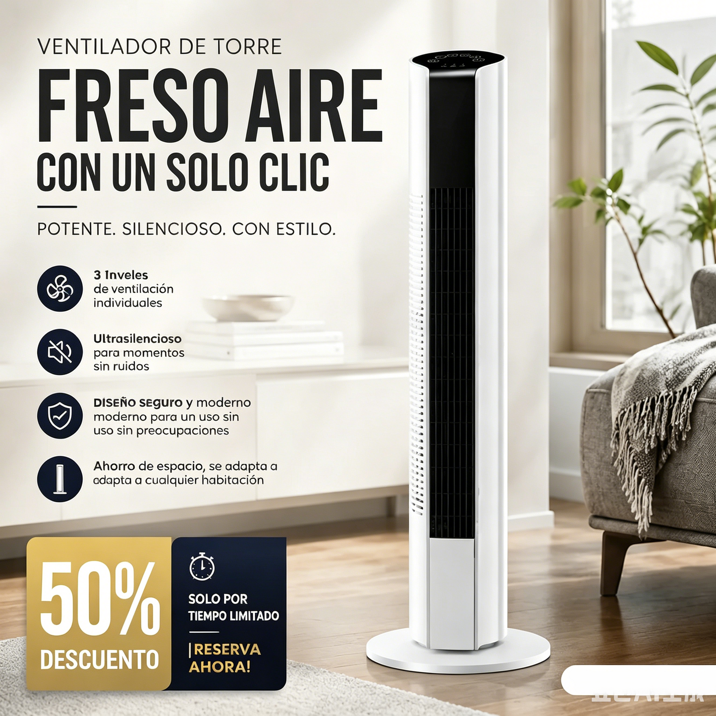 🌀 Ventilador torre USB portátil con 3 velocidades: compacto, potente y versátil, ideal para oficina, dormitorio y viajes