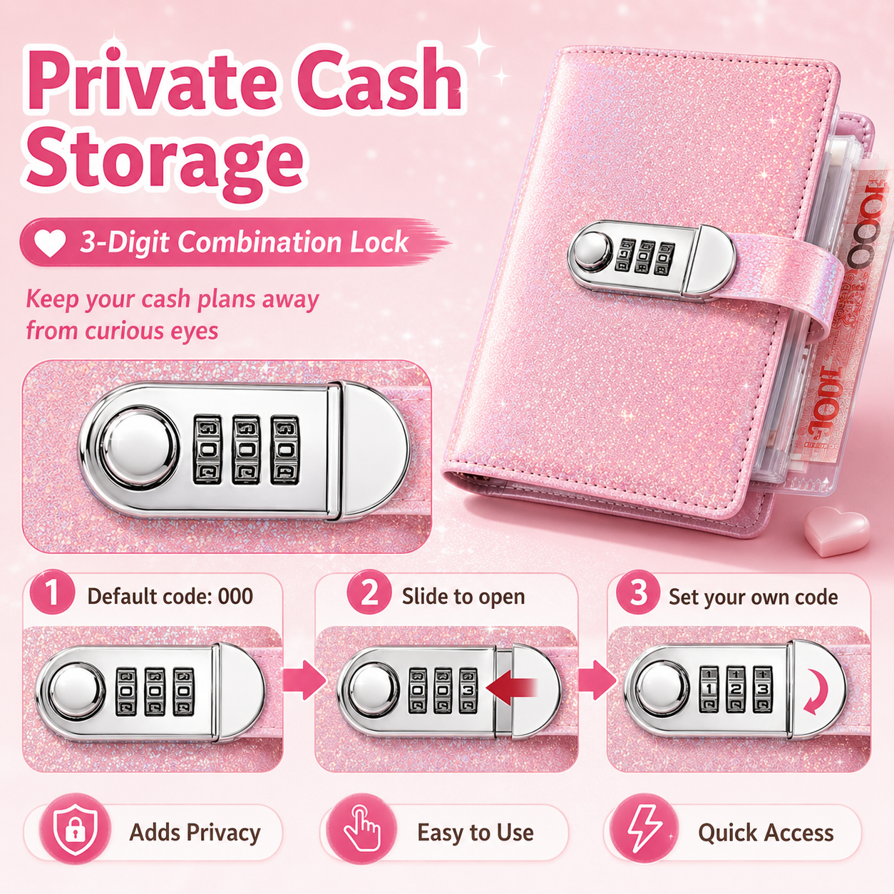 ✨ Carpeta de Ahorro SparkleLock con cerradura de combinación de 3 dígitos – Organizador de presupuesto para llenado de efectivo de 100 hojas, ideal para retos de ahorro, metas económicas y regalos 💖