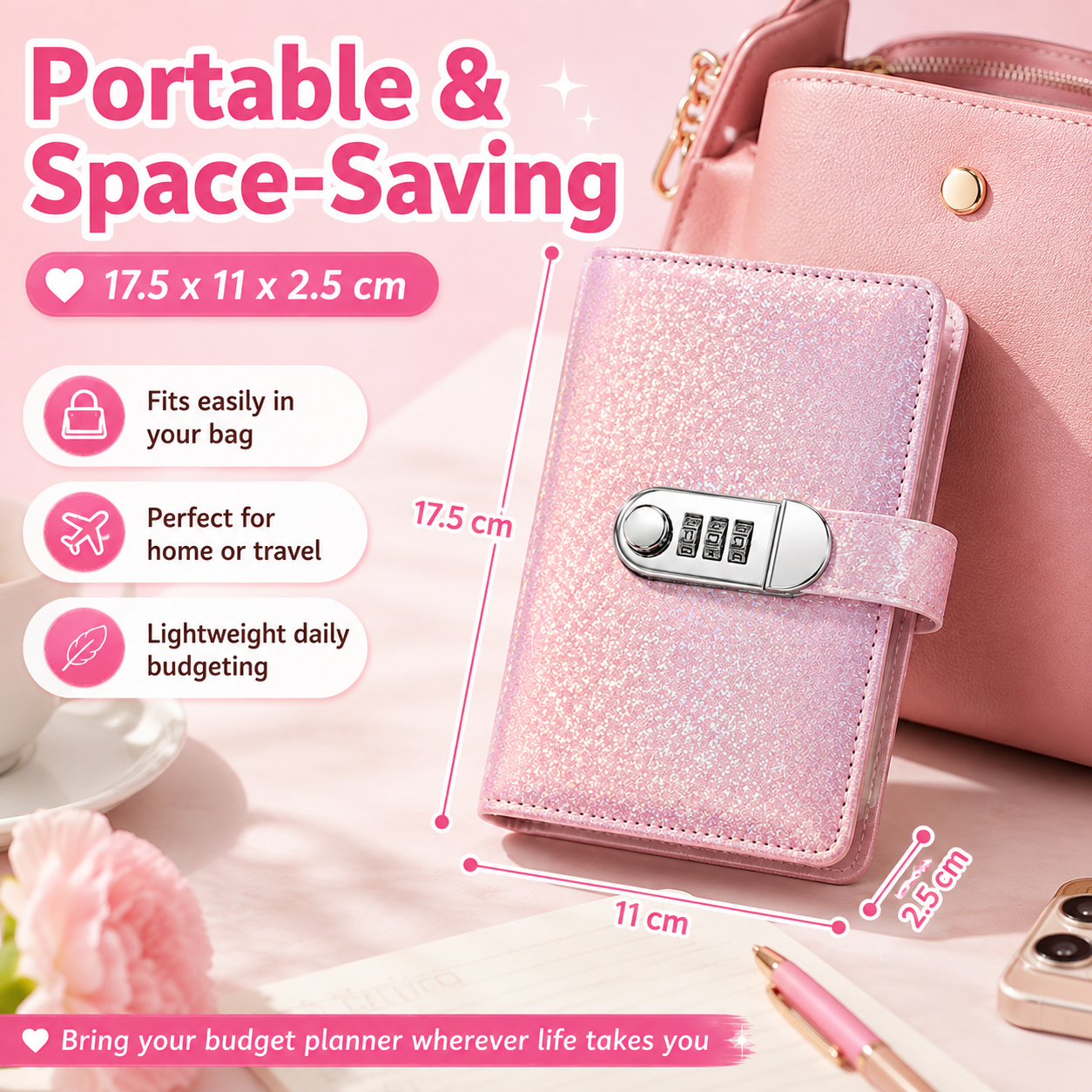 ✨ Carpeta de Ahorro SparkleLock con cerradura de combinación de 3 dígitos – Organizador de presupuesto para llenado de efectivo de 100 hojas, ideal para retos de ahorro, metas económicas y regalos 💖