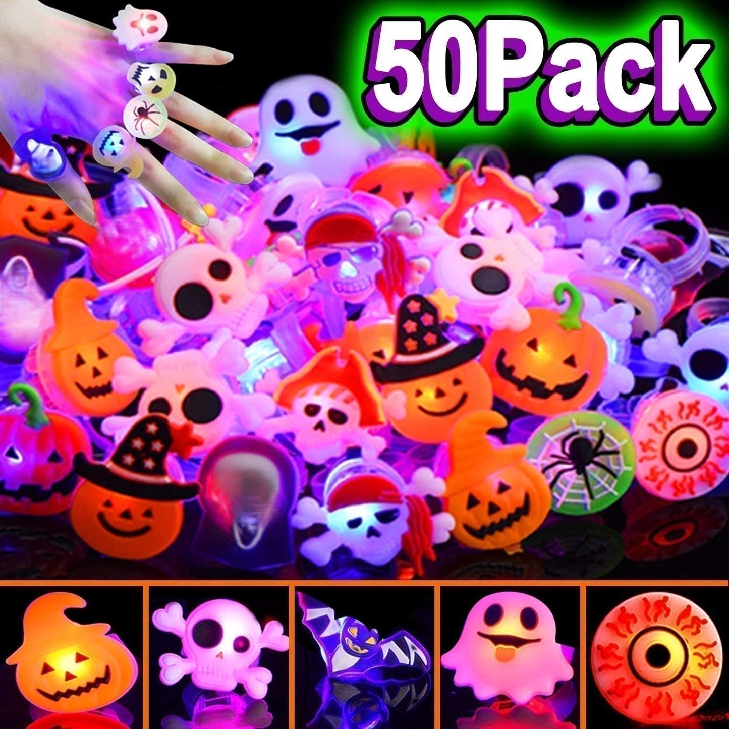 🔥 ÚLTIMO DÍA DE PROMOCIÓN - 50% DE DESCUENTO 🎃👻 Anillos Luminosos LED de Halloween (Set de 50 unidades) 😍
