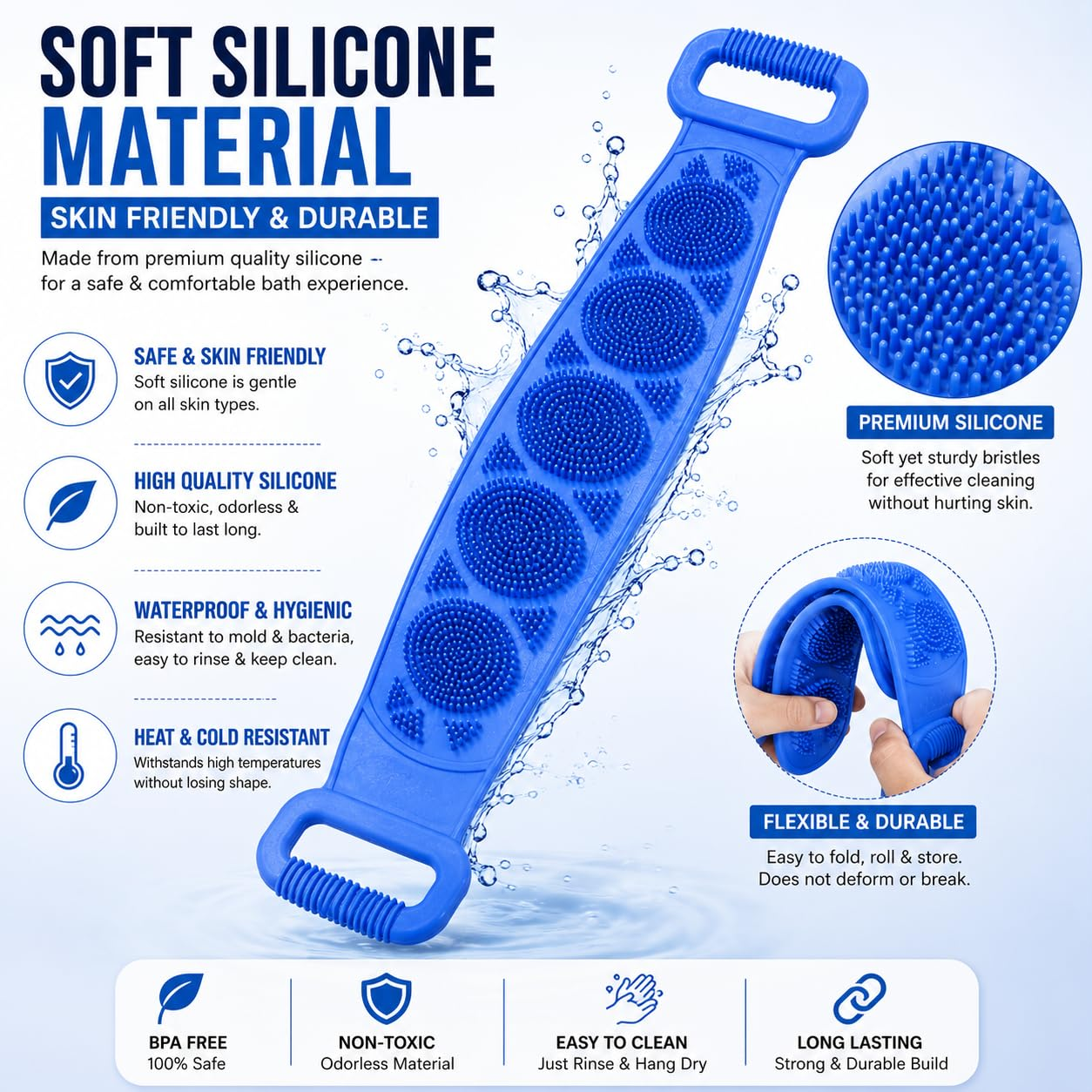 🧼 Cepillo de silicona para espalda, cepillo exfoliante corporal doble cara con cerdas de silicona suaves