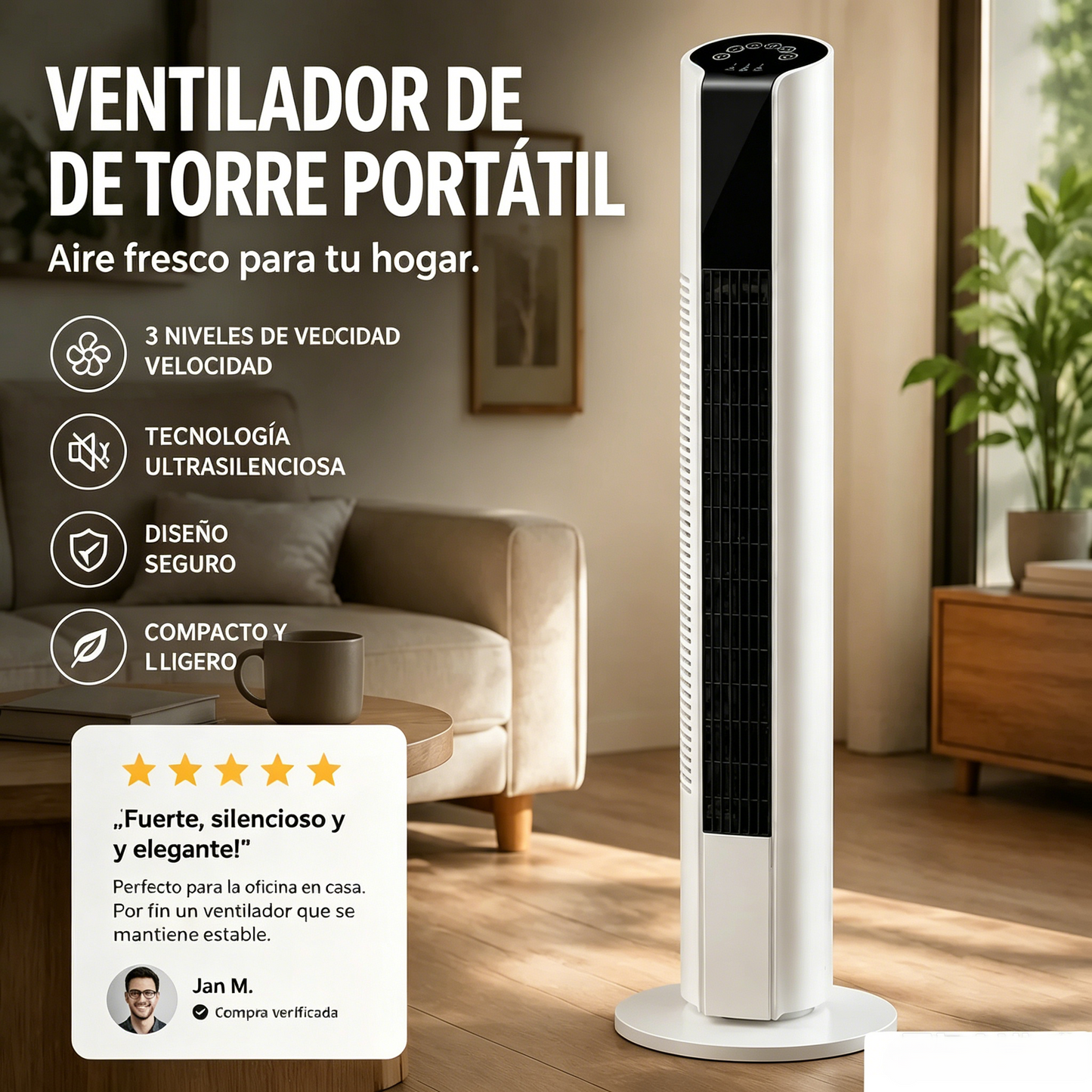 🌀 Ventilador torre USB portátil con 3 velocidades: compacto, potente y versátil, ideal para oficina, dormitorio y viajes