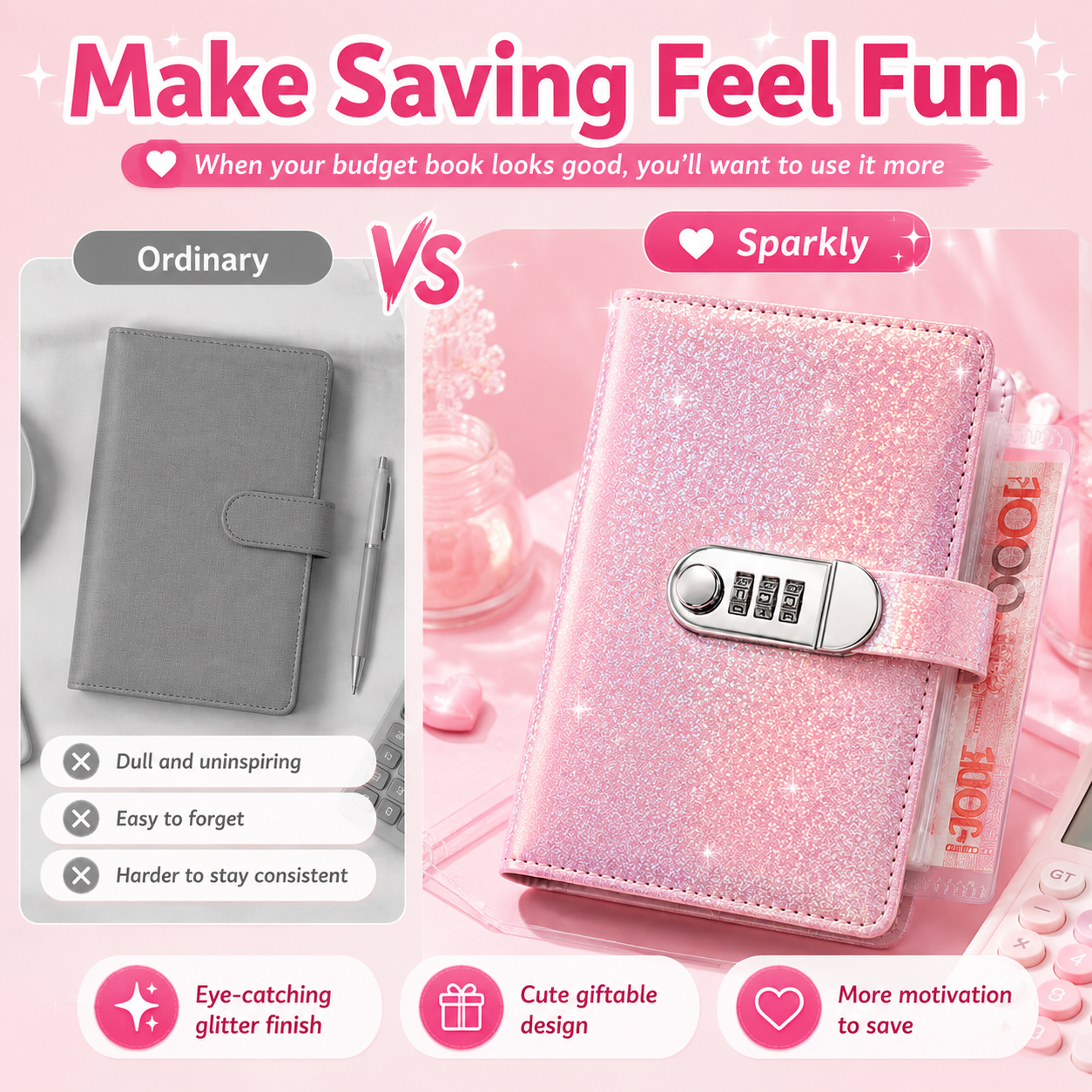 ✨ Carpeta de Ahorro SparkleLock con cerradura de combinación de 3 dígitos – Organizador de presupuesto para llenado de efectivo de 100 hojas, ideal para retos de ahorro, metas económicas y regalos 💖