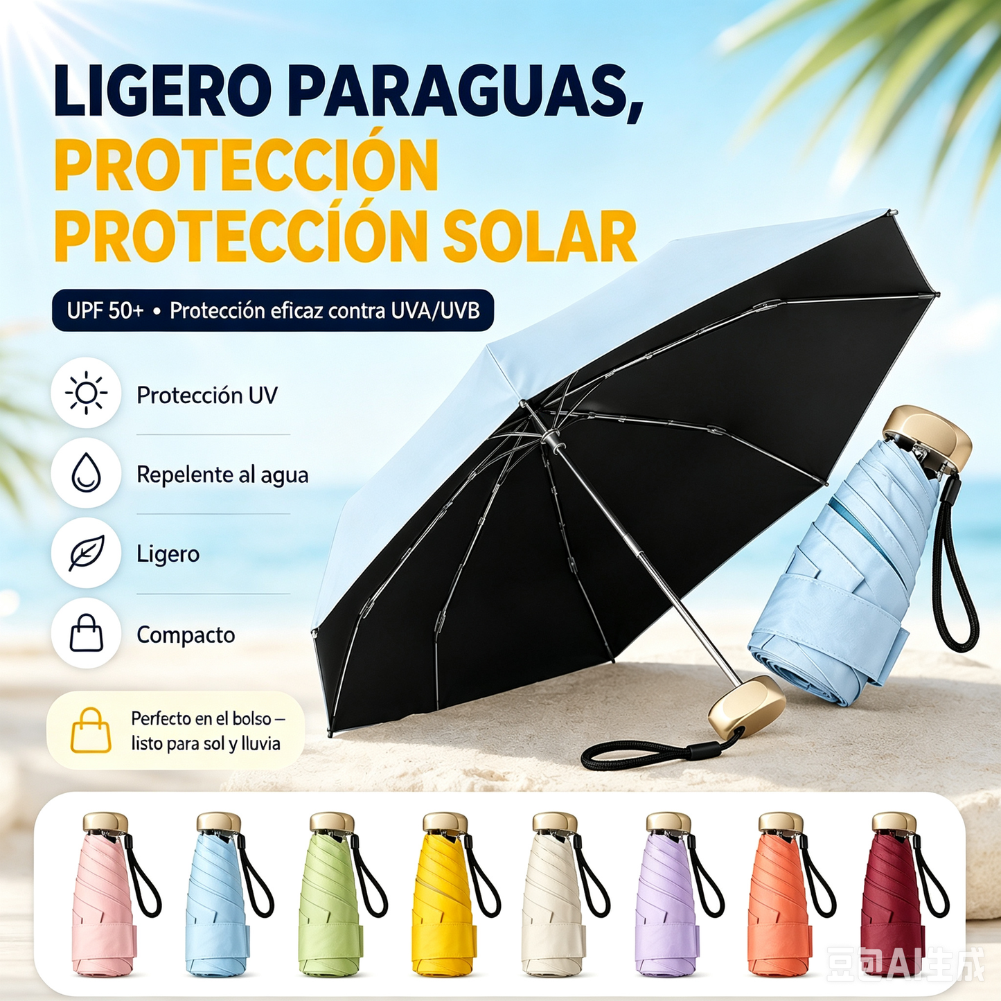 Sombrilla compacta plegable protección contra rayos UV