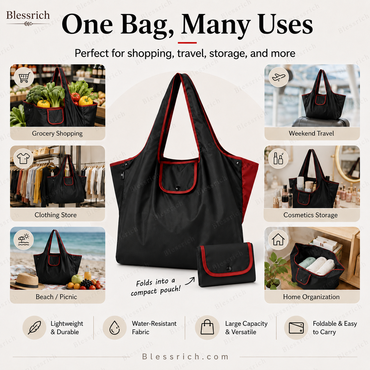 🛍️ Bolsa de compra plegable y reutilizable – Gran capacidad, ligera y lavable