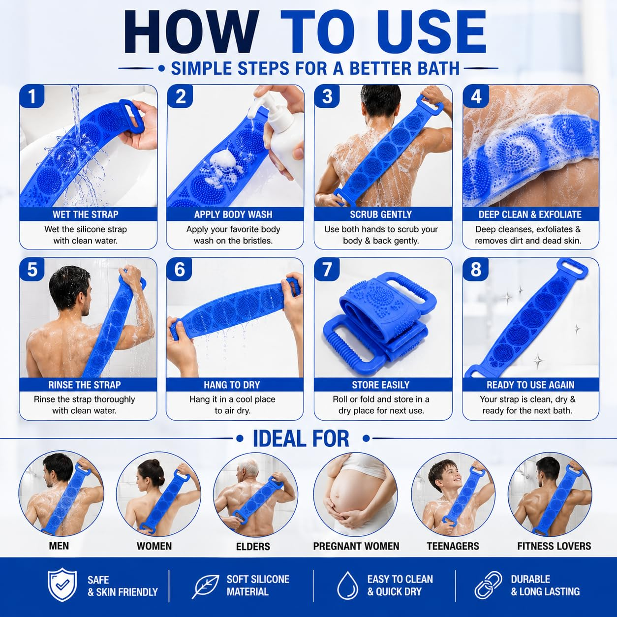 🧼 Cepillo de silicona para espalda, cepillo exfoliante corporal doble cara con cerdas de silicona suaves