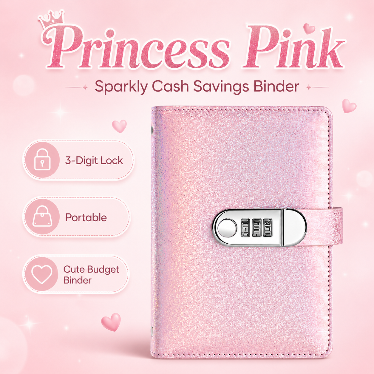 ✨ Carpeta de Ahorro SparkleLock con cerradura de combinación de 3 dígitos – Organizador de presupuesto para llenado de efectivo de 100 hojas, ideal para retos de ahorro, metas económicas y regalos 💖
