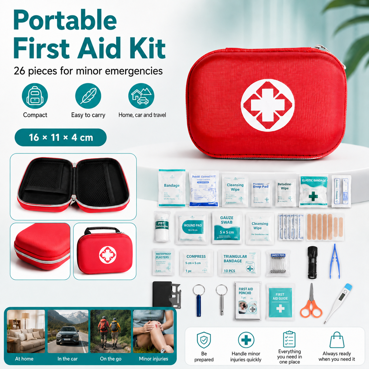Kit de primeros auxilios: kit portátil para el hogar, accesorios completos | Set de 26 piezas