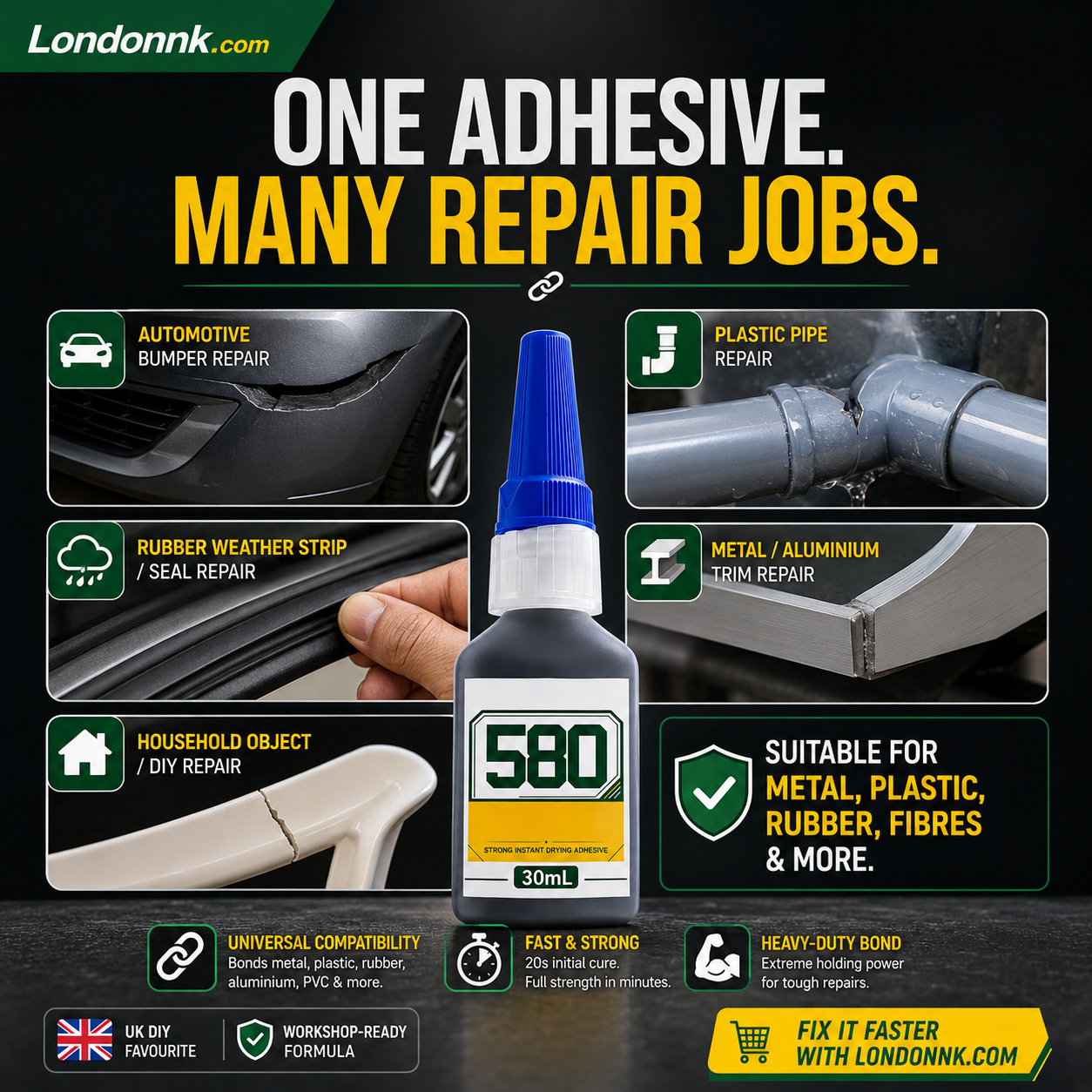 🛠️ Adhesivo instantáneo: une metal, plástico y caucho. Secado en 20 segundos, resistente a la intemperie y a los golpes. 30 ml. ¡50% DESCUENTO! 🔧✨