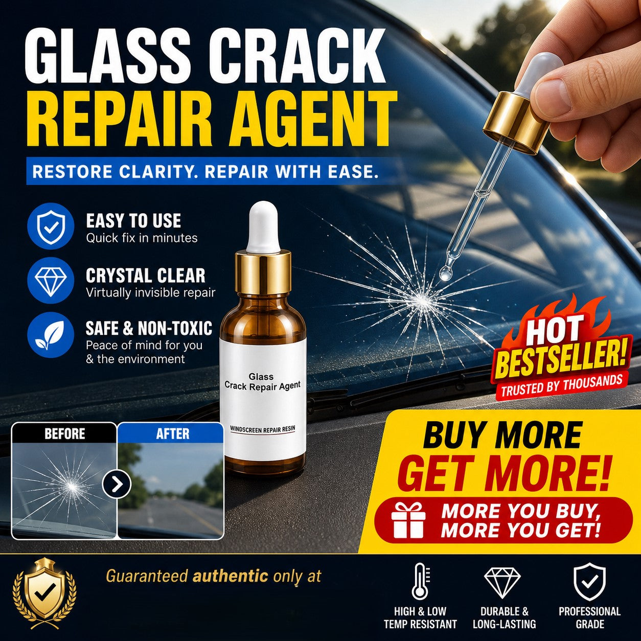🏭 Directo de fábrica de vidrio, ¡Compra 3 y llévate 2 gratis! 💦 ¡Una gota repara todas las grietas del vidrio! 🚗 Agente reparador de grietas en vidrio