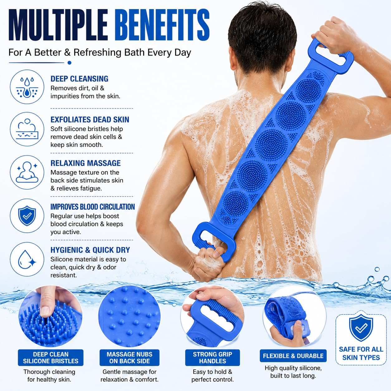 🧼 Cepillo de silicona para espalda, cepillo exfoliante corporal doble cara con cerdas de silicona suaves