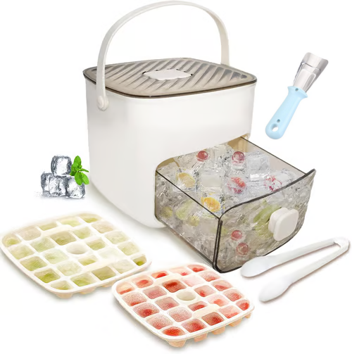 🔥Oferta de verano 50 % de descuento🧊 Fabricador de hielo portátil con tapa y caja de almacenamiento (48 cubos)