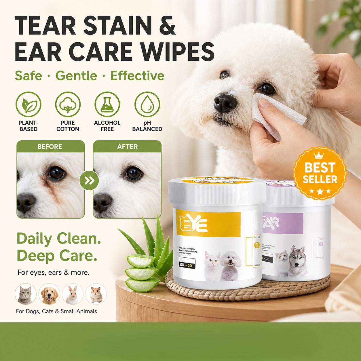 ✨ ¡Sorpresa, 50% de descuento! 🐈🐕 Mantener a tu mascota peluda limpia es fundamental. Toallitas limpiantes de origen vegetal natural para ojos y oídos de mascotas