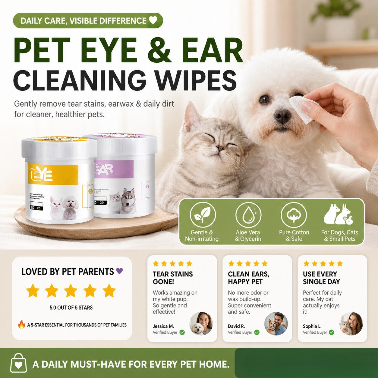 ✨ ¡Sorpresa, 50% de descuento! 🐈🐕 Mantener a tu mascota peluda limpia es fundamental. Toallitas limpiantes de origen vegetal natural para ojos y oídos de mascotas