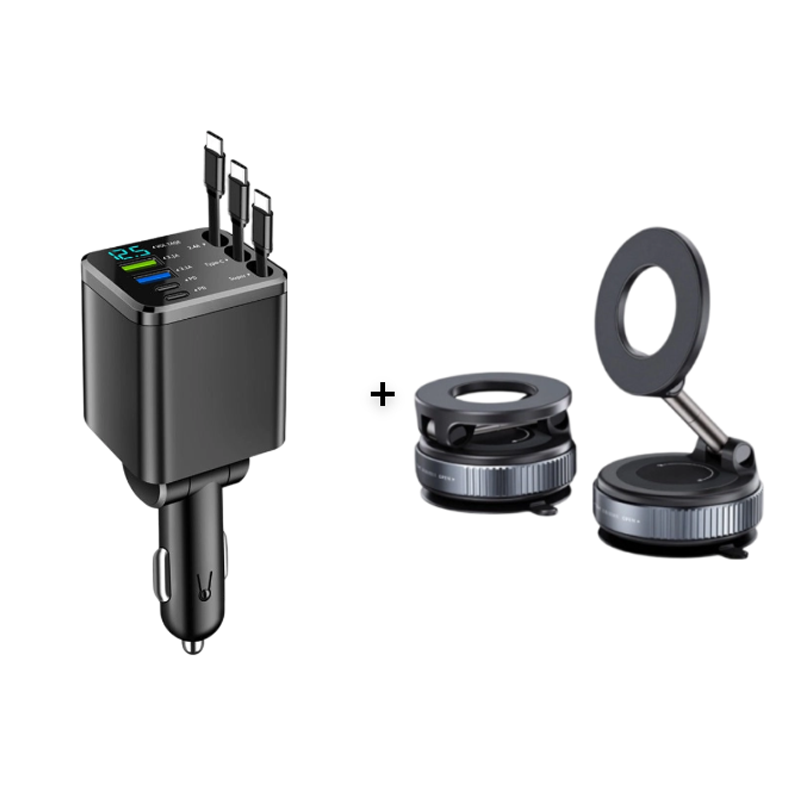 ⏳¡Oferta limitada 50% descuento!⏰Cargador de coche rápido retráctil 7 en 1 con pantalla de voltaje – USB-C para Android y Lightning para Apple🔋📱