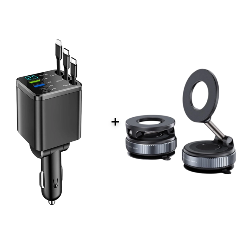⏳¡Oferta limitada 50% descuento!⏰Cargador de coche rápido retráctil 7 en 1 con pantalla de voltaje – USB-C para Android y Lightning para Apple🔋📱