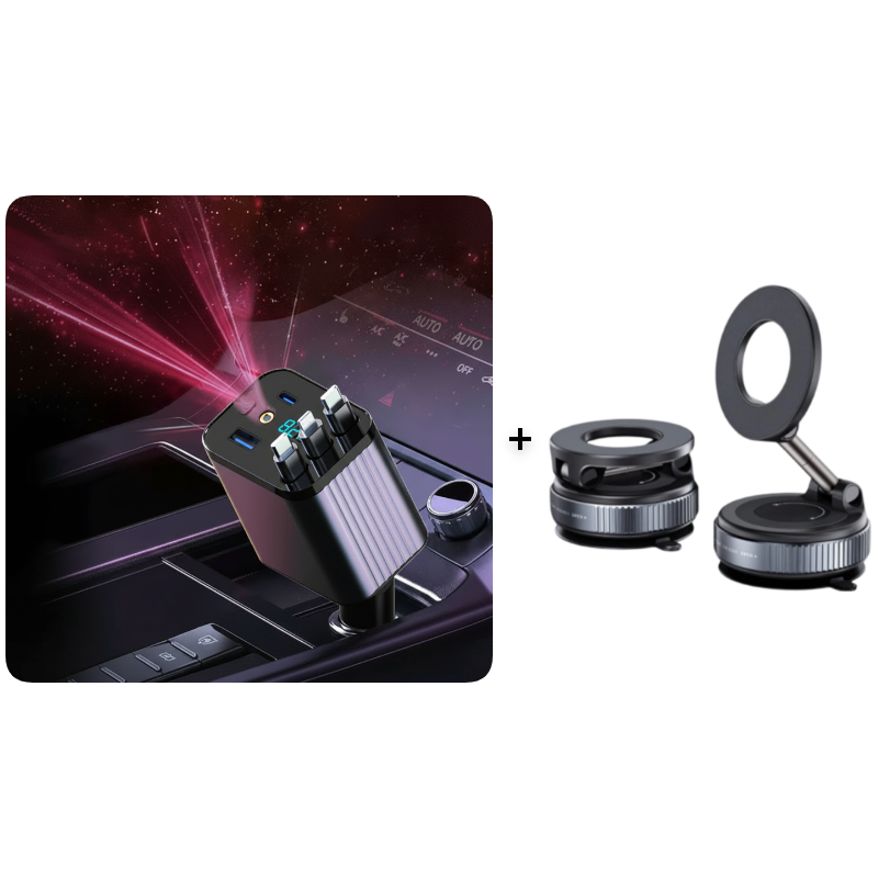 ⏳¡Oferta limitada 50% descuento!⏰Cargador de coche rápido retráctil 7 en 1 con pantalla de voltaje – USB-C para Android y Lightning para Apple🔋📱