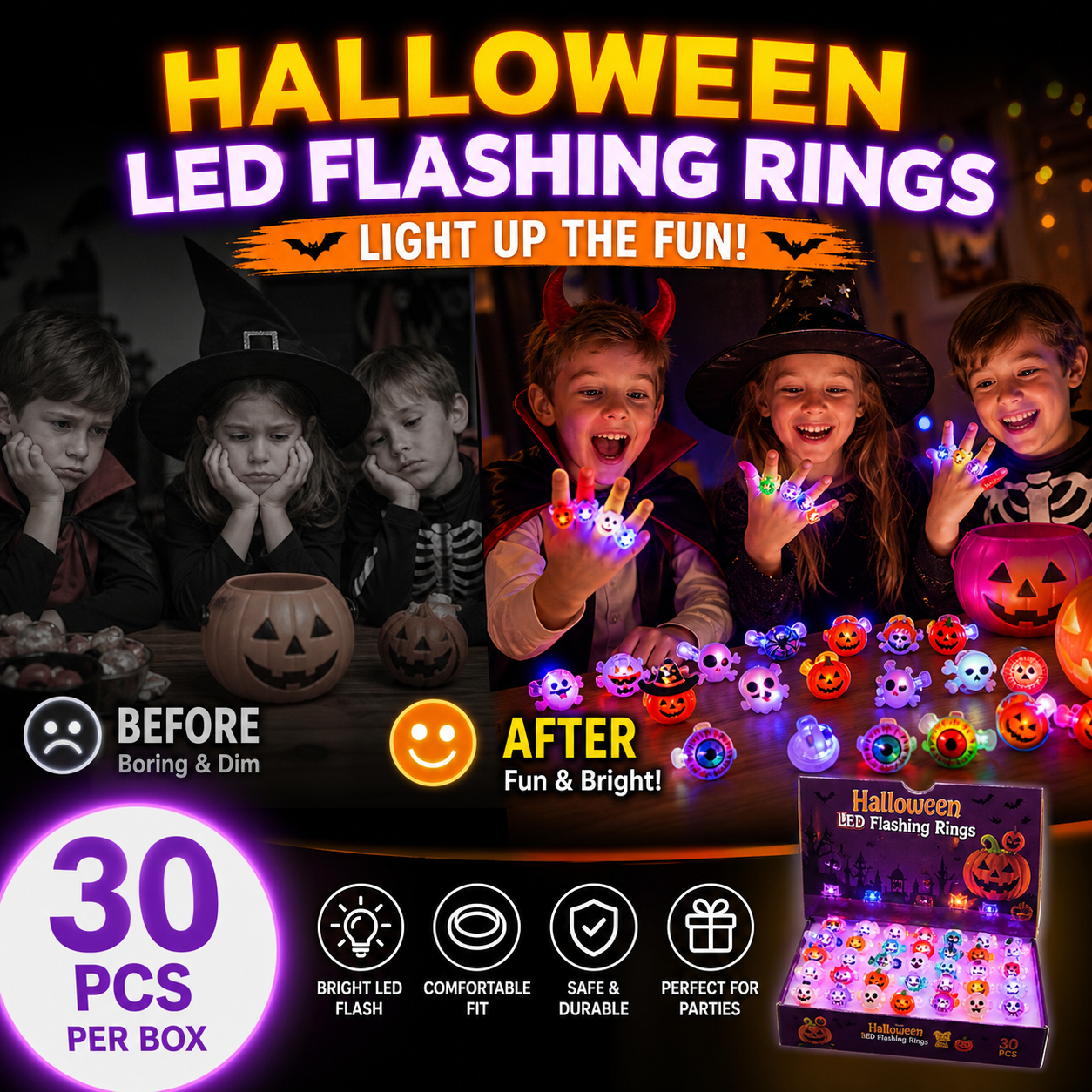 🎁Anillo Luminoso LED para Halloween 😍 Set de 30 Unidades