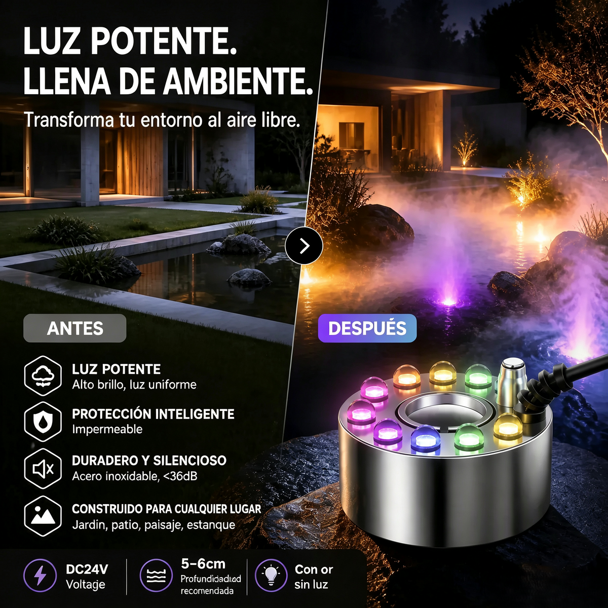 💨 ¡50% DE DESCUENTO AHORA! ⚡ Nebulizador ultrasónico de 12 LED – genera niebla fresca con luces coloridas – ideal para humidificadores, fuentes o decoración de Halloween – funciona silenciosamente dentro del agua 💧✨
