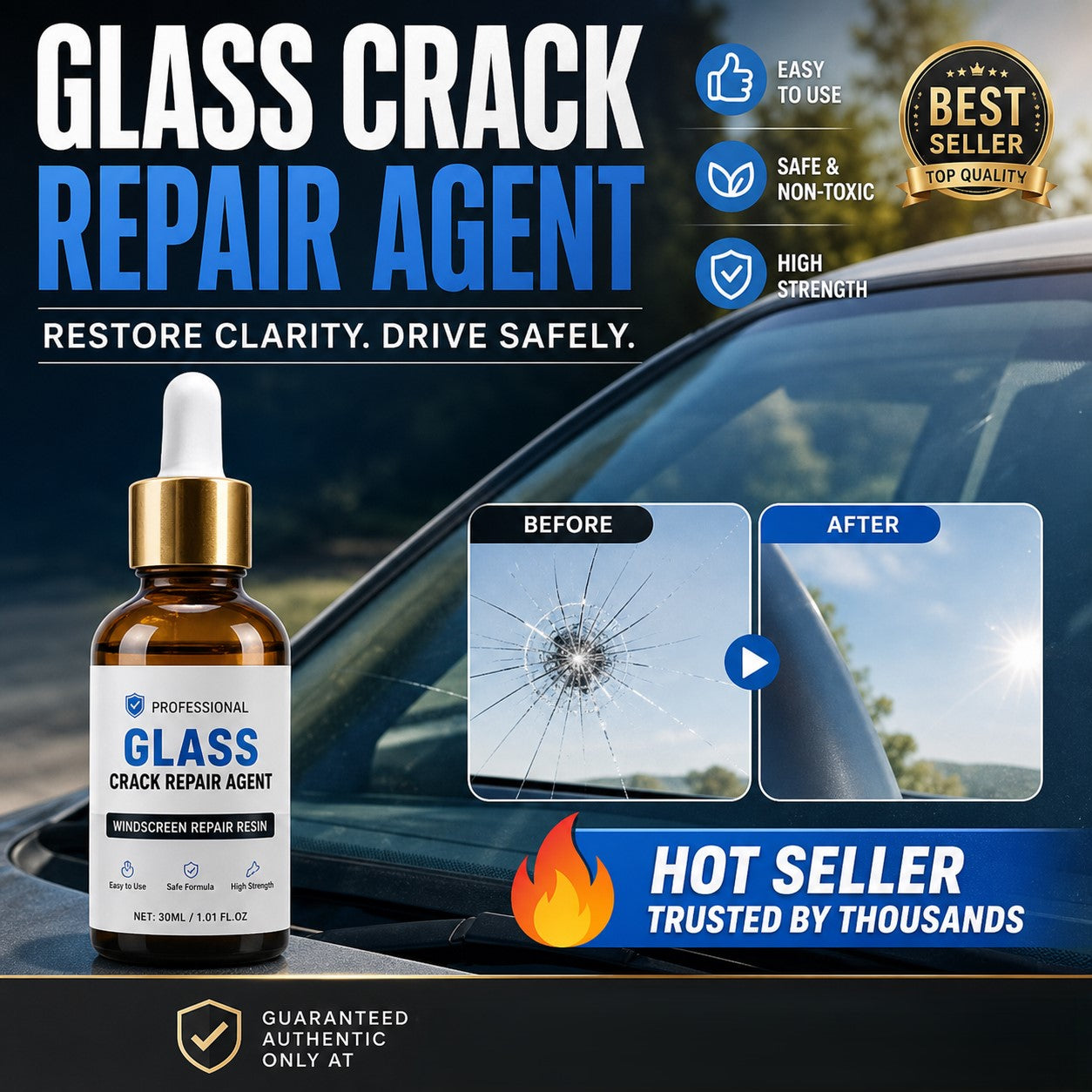 🏭 Directo de fábrica de vidrio, ¡Compra 3 y llévate 2 gratis! 💦 ¡Una gota repara todas las grietas del vidrio! 🚗 Agente reparador de grietas en vidrio