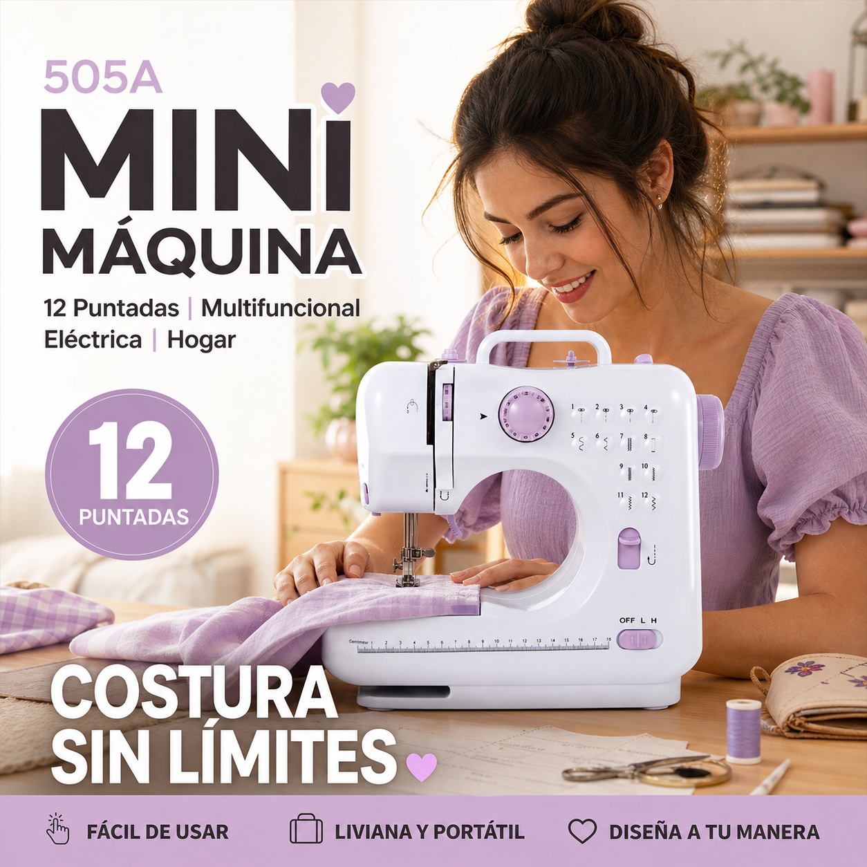 Máquina de Coser Multifunción con Puntada Overlock