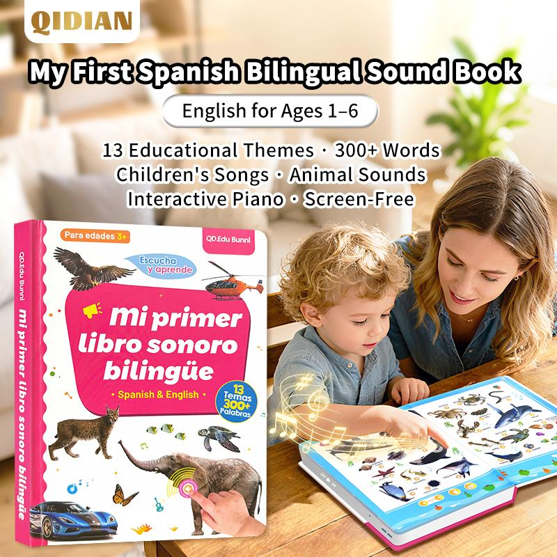 Juguete educativo interactivo en español para niños de 1 a 6 años. Libro de sonidos bilingüe para el aprendizaje temprano. Juguete interactivo con más de 300 palabras y 13 temas, una excelente opción de regalo para niños pequeños.