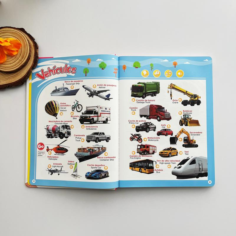 Juguete educativo interactivo en español para niños de 1 a 6 años. Libro de sonidos bilingüe para el aprendizaje temprano. Juguete interactivo con más de 300 palabras y 13 temas, una excelente opción de regalo para niños pequeños.