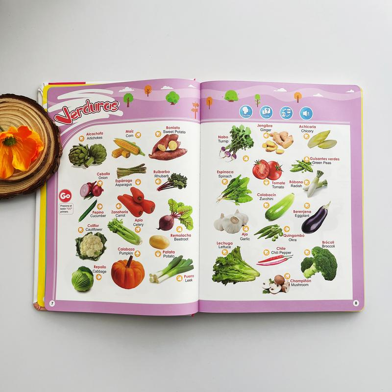 Juguete educativo interactivo en español para niños de 1 a 6 años. Libro de sonidos bilingüe para el aprendizaje temprano. Juguete interactivo con más de 300 palabras y 13 temas, una excelente opción de regalo para niños pequeños.