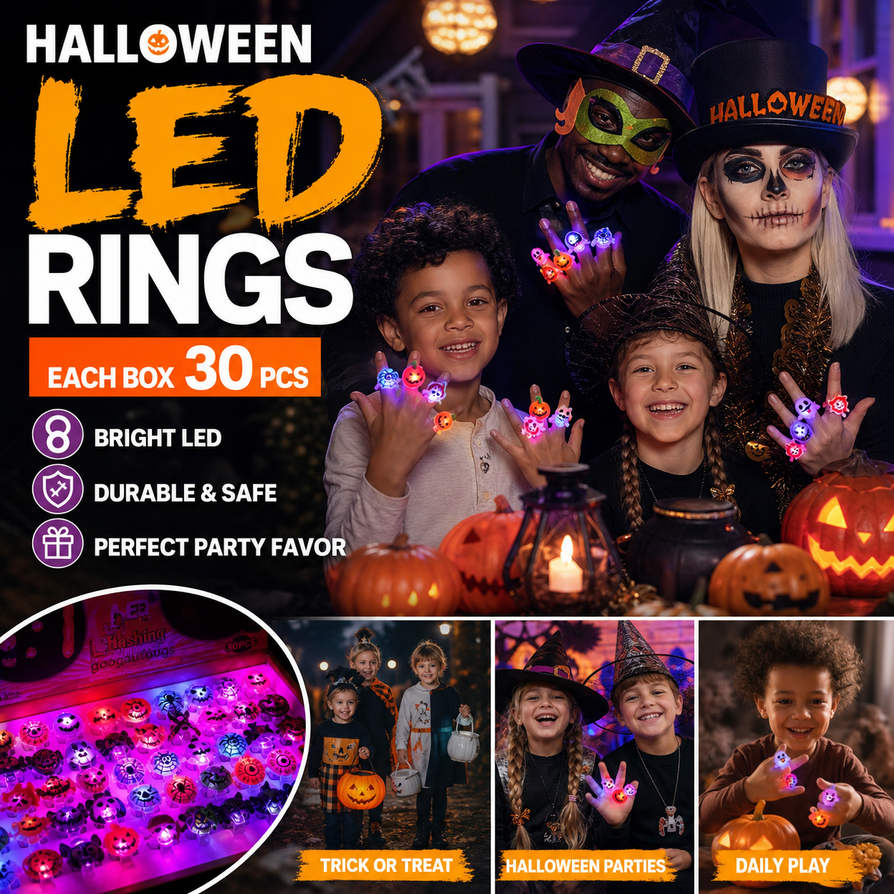 🎁Anillo Luminoso LED para Halloween 😍 Set de 30 Unidades