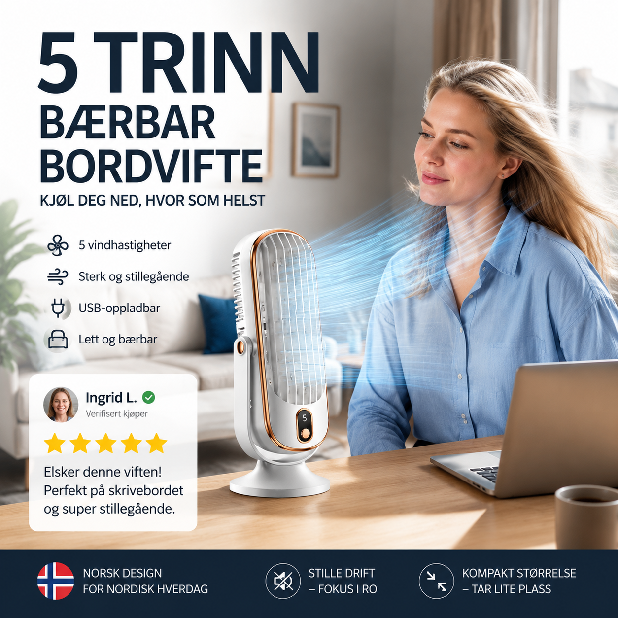🔥 Ventilador de mesa portátil con 5 velocidades regulables