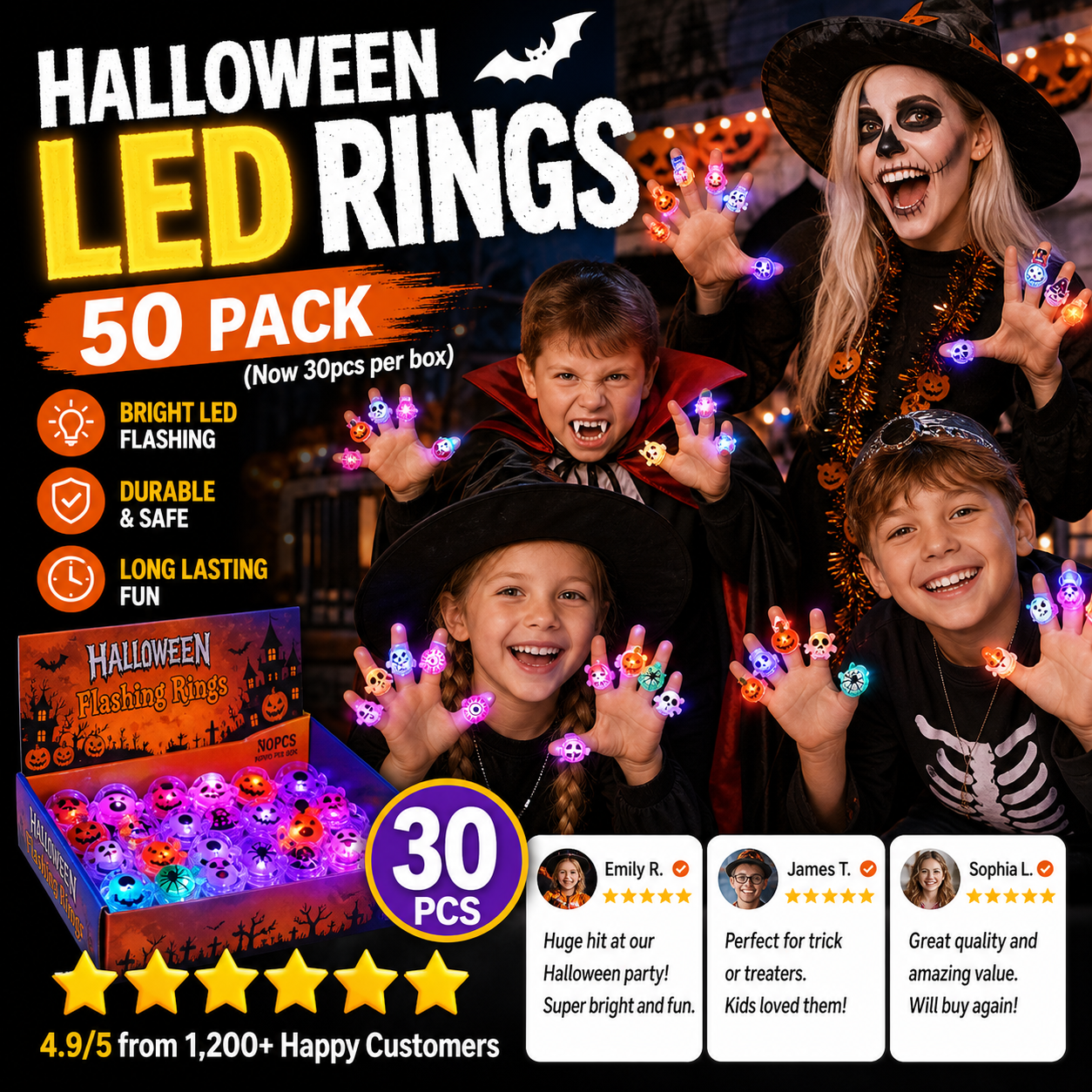 🎁Anillo Luminoso LED para Halloween 😍 Set de 30 Unidades