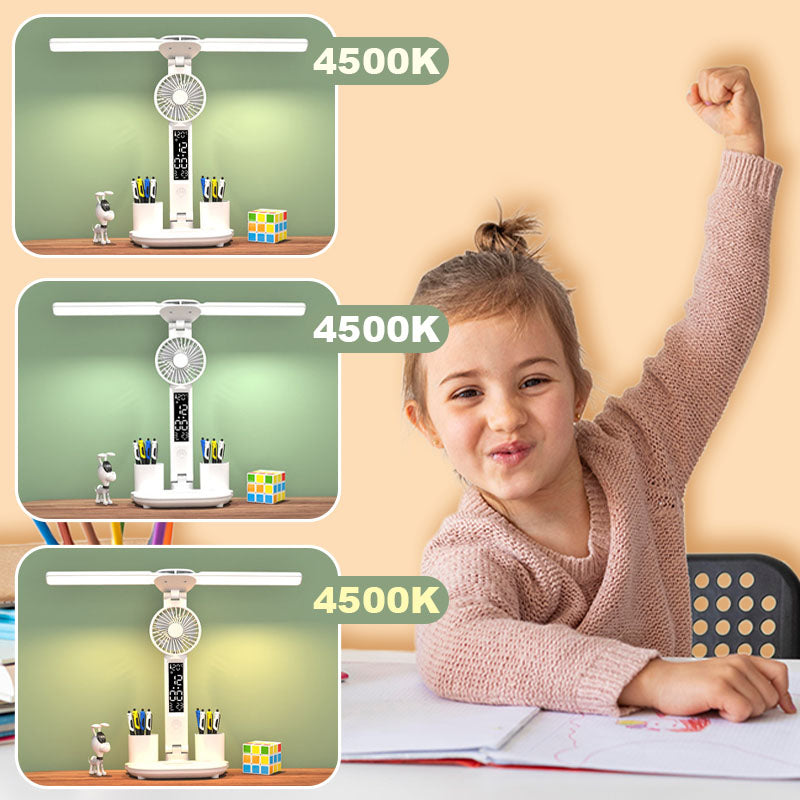 LED Eye-Care Table Lamp with Built-In Fan and Clock