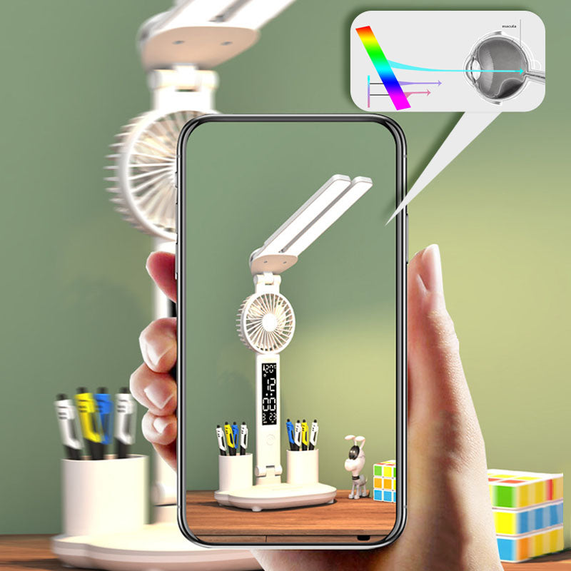 LED Eye-Care Table Lamp with Built-In Fan and Clock