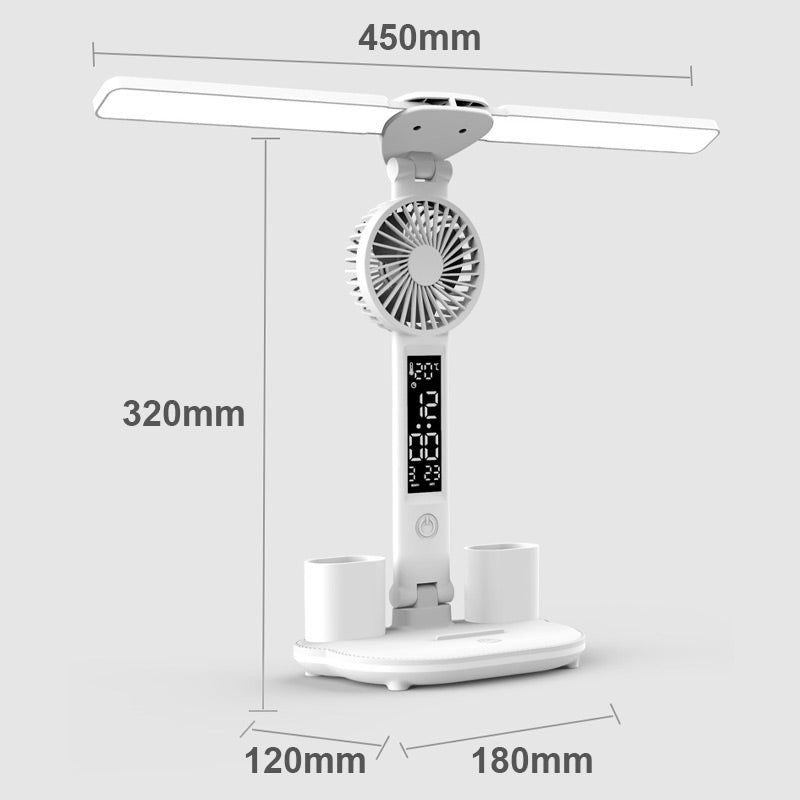 LED Eye-Care Table Lamp with Built-In Fan and Clock